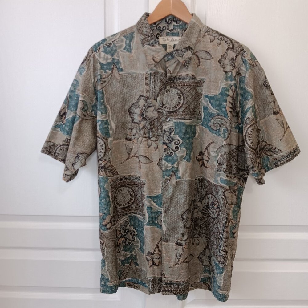 Tori Richard Men's Taupe/Blue Cotton Lawn Short Sleeve Shirt Size L